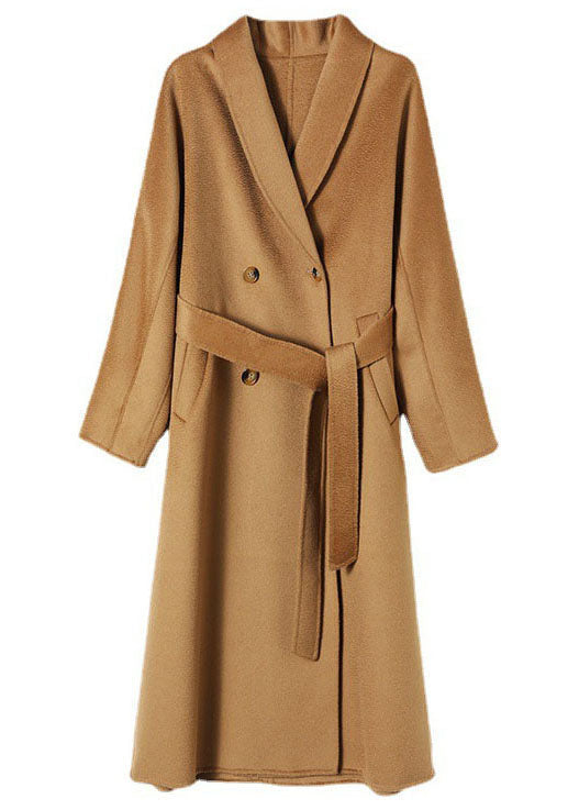 Italian Light Camel Turn-down Collar Double Breast Woolen Cinch Coat Winter