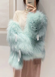 Italian Light Green Raccoon Hair Feather Tassel Coats Winter