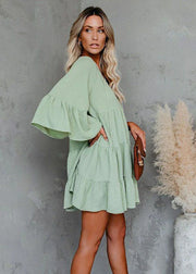 Italian Light Green Tasseled Patchwork Wrinkled Chiffon Dress Summer