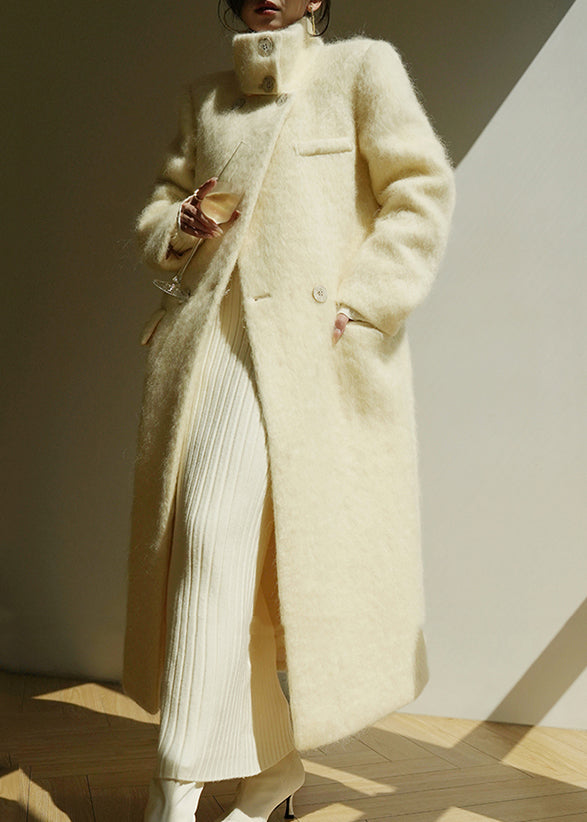 Italian Little Yellow Turtleneck Pockets Button Woolen Long Coats Spring