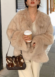 Italian Milk Tea Color O-Neck Pockets Leather And Fur Coats Long Sleeve