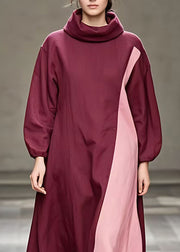 Italian Mulberry Turtleneck Patchwork Maxi Dresses Fall