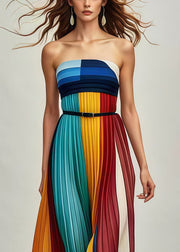 Italian Multicolor Patchwork Silm Fit Chiffon Strapless Pleated Dresses Summer