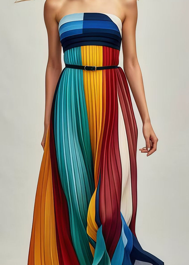 Italian Multicolor Patchwork Silm Fit Chiffon Strapless Pleated Dresses Summer