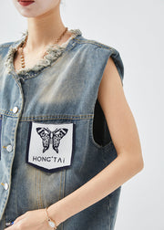 Italian Navy Asymmetrical Pockets Denim Vest Top Fall