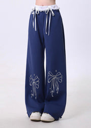 Italian Navy Bow Print Patchwork Lace Cotton Pants Spring