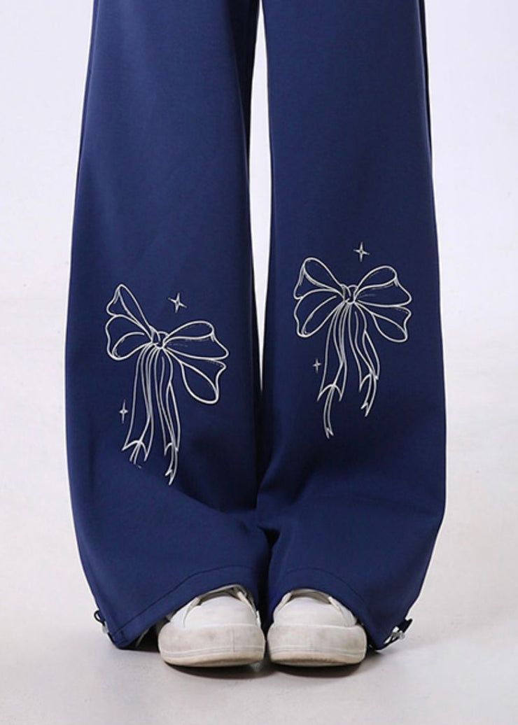 Italian Navy Bow Print Patchwork Lace Cotton Pants Spring