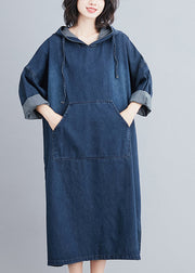 Italian Navy Hooded Oversized Denim Sweatshirt Dress Summer