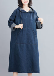 Italian Navy Hooded Oversized Denim Sweatshirt Dress Summer