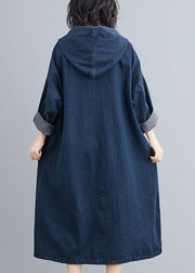 Italian Navy Hooded Oversized Denim Sweatshirt Dress Summer