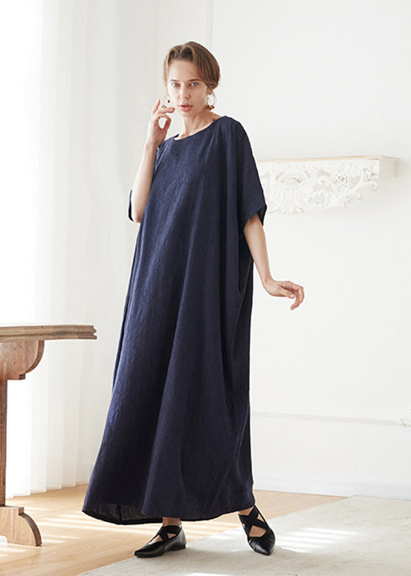 Italian Navy O Neck Jacquard Cotton Robe Dresses Summer