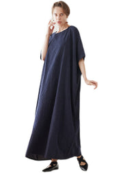 Italian Navy O Neck Jacquard Cotton Robe Dresses Summer