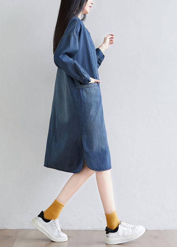 Italian Navy O Neck Patchwork Denim Dress Spring