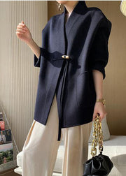 Italian Blue Oversized Pockets Tassel Woolen Coat Winter