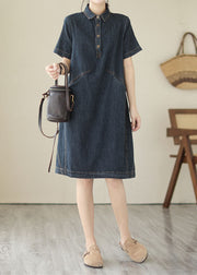 Italian Navy Peter Pan Collar Pockets Patchwork Denim Shirts Dress Summer