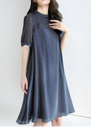 Italian Navy Stand Collar Print Chiffon Dresses Summer