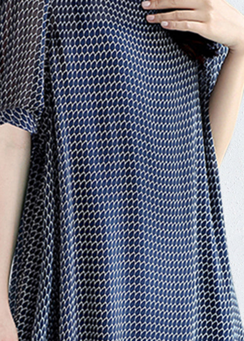 Italian Navy Stand Collar Print Chiffon Dresses Summer