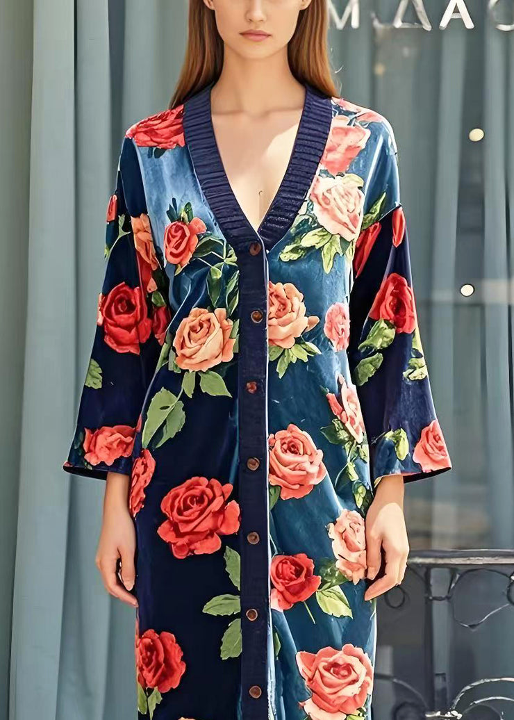 Italian Navy V Neck Floral Silk Velvet Long Dress Spring