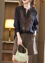 Italian New Black V Neck Zircon Patchwork Chiffon Shirts Fall