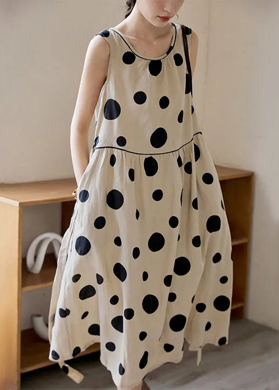 Italian O Neck Dot Tie Waist Cotton Long Dress Sleeveless