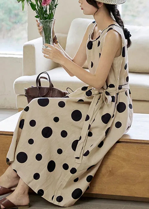 Italian O Neck Dot Tie Waist Cotton Long Dress Sleeveless