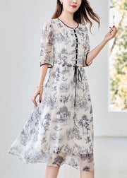 Italian O Neck Print Drawstring Silk Dress Summer