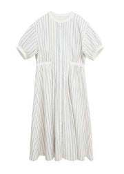 Italian O-Neck Striped Cinched Patchwork Party Long Dress Short Sleeve