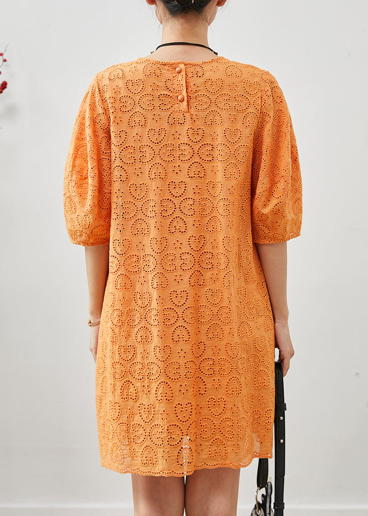 Italian Orange Embroidered Hollow Out Cotton Dress Summer