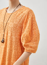 Italian Orange Embroidered Hollow Out Cotton Dress Summer