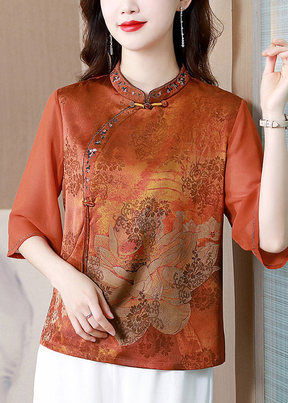 Italian Orange Embroideried Button Silk Shirt Half Sleeve