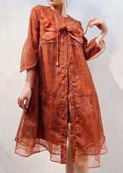 Italian Orange O Neck Embroidered Patchwork Tulle Coats Summer