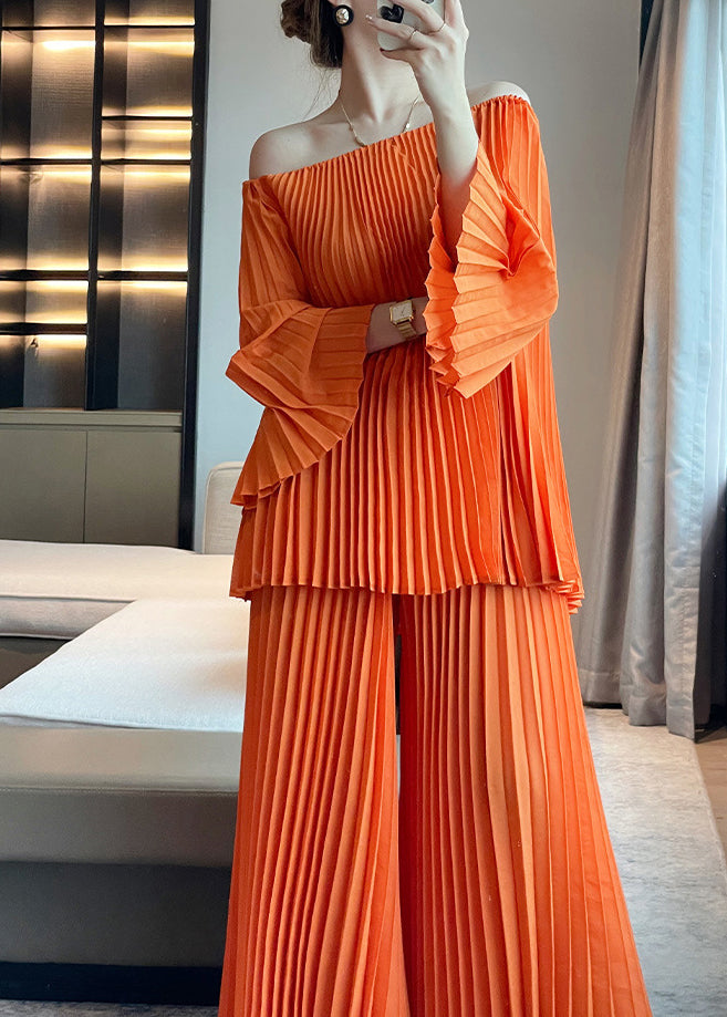 Italian Orange O-Neck Wrinkled Top And Wide Leg Pants Two Piece Set Long Sleeve