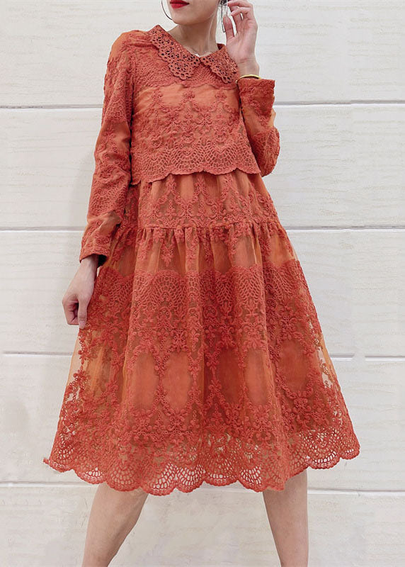 Italian Orange Peter Pan Collar Embroideried Patchwork Tulle Dresses Long Sleeve