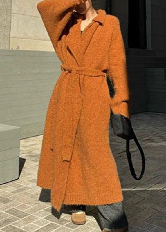 Italian Orange Peter Pan Collar Tie Waist Knitted Cotton Maxi Coat Winter