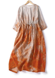 Italian Orange Print Patchwork Drawstring Linen Long Dresses Summer