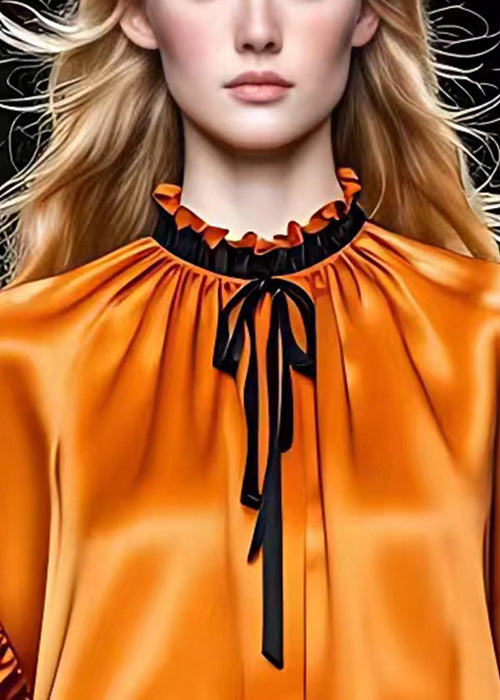 Italian Orange Ruffled Lace Up Silk Shirt Long Sleeve