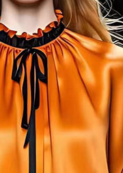 Italian Orange Ruffled Lace Up Silk Shirt Long Sleeve