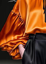 Italian Orange Ruffled Lace Up Silk Shirt Long Sleeve