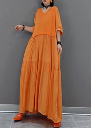 Italian Orange V Neck Patchwork Holiday Maxi Dress Summer