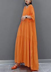 Italian Orange V Neck Patchwork Holiday Maxi Dress Summer