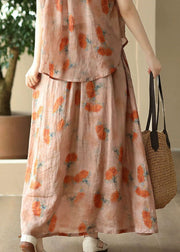 Italian Orange Wrinkled Print Patchwork Linen Skirt Summer