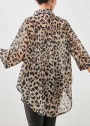 Italian Oversized Leopard Print Chiffon Blouse Top Bracelet Sleeve