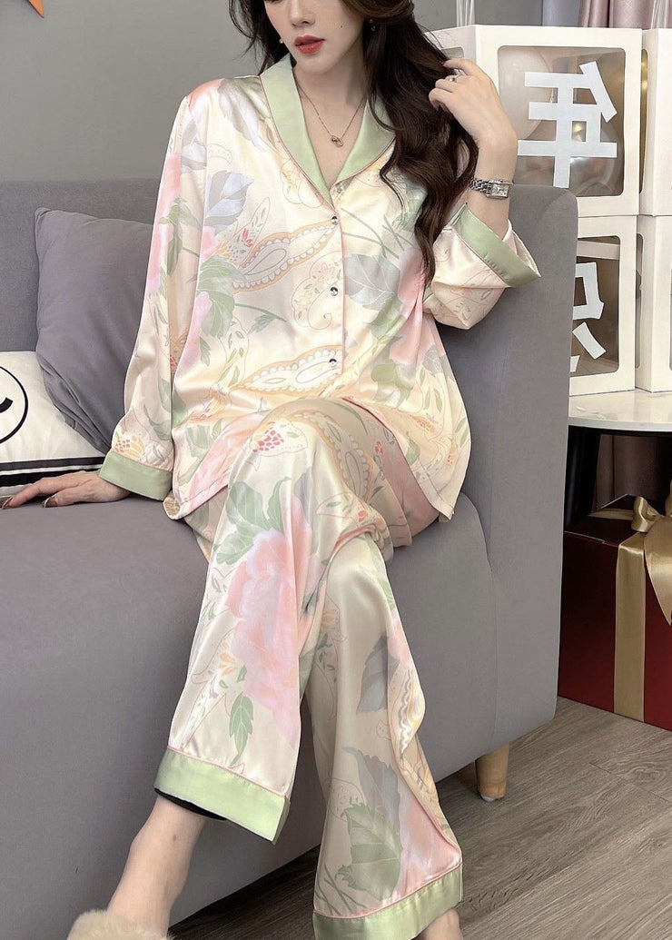 Italian Oversized Patchwork Print Ice Silk Pajamas Two Pieces Set Spring