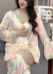 Italian Oversized Patchwork Print Ice Silk Pajamas Two Pieces Set Spring