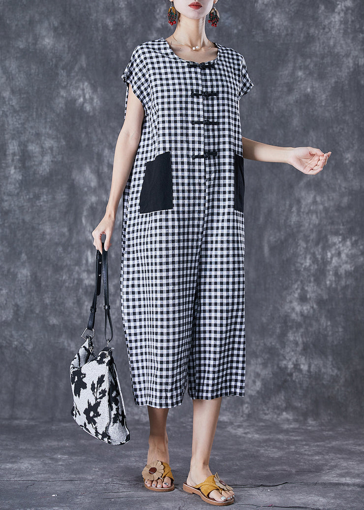 Italian Oversized Plaid Pockets Linen Jumpsuits Summer