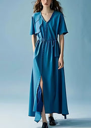 Italian Peacock Blue Exra Large Hem Side Open Chiffon Party Dress Summer