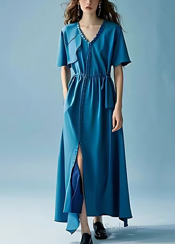 Italian Peacock Blue Exra Large Hem Side Open Chiffon Party Dress Summer