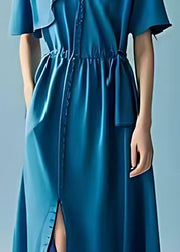 Italian Peacock Blue Exra Large Hem Side Open Chiffon Party Dress Summer