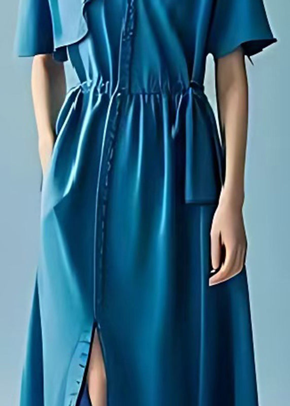 Italian Peacock Blue Exra Large Hem Side Open Chiffon Party Dress Summer