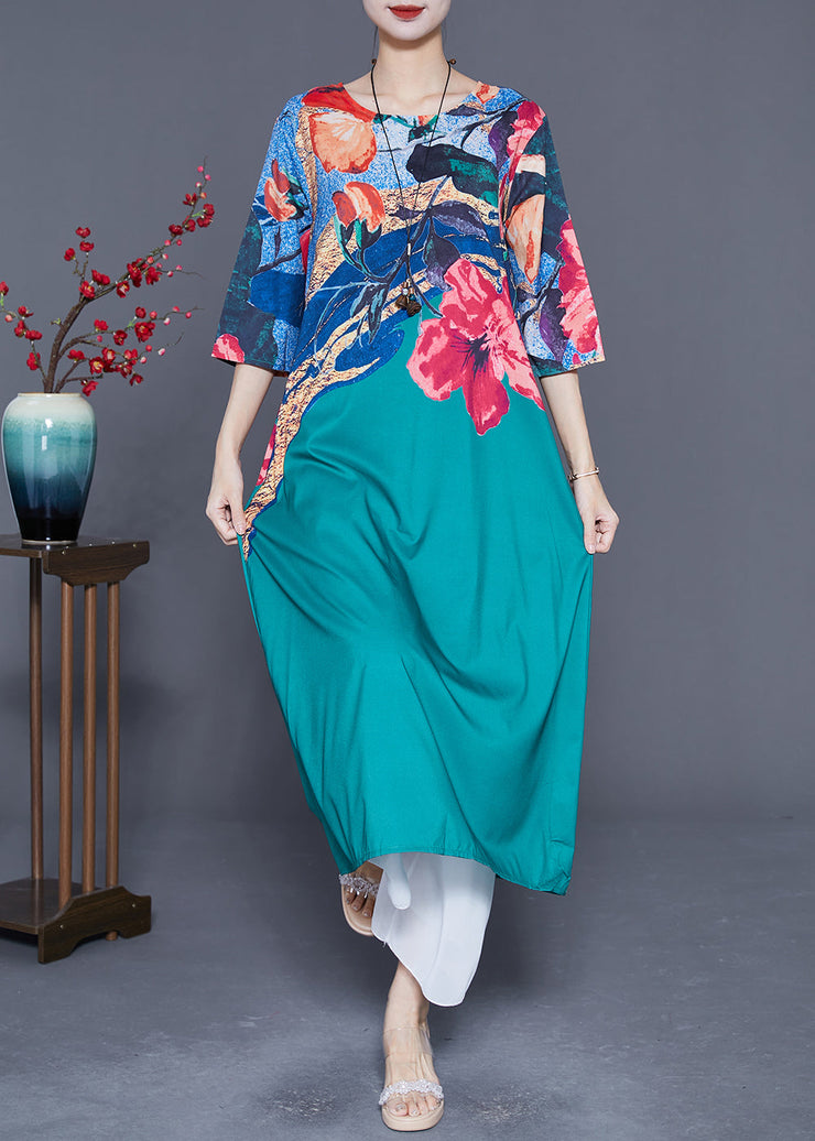 Italian Peacock Blue O-Neck Print Chiffon Maxi Dresses Half Sleeve